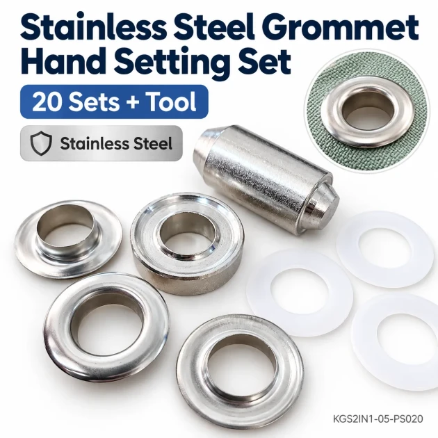 8 mm (0.31 in) Stainless Steel Eyelet Hand Punch and Setting Kit – 20 Sets + Tool KGS2IN1-05-PS020