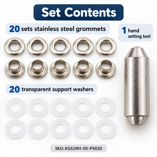8 mm (0.31 in) Stainless Steel Eyelet Hand Punch and Setting Kit – 20 Sets + Tool KGS2IN1-05-PS020