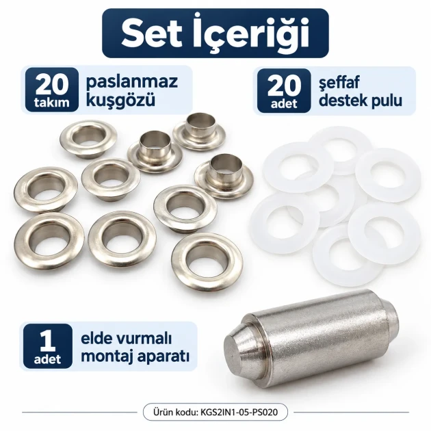 8 mm (0.31 in) Stainless Steel Eyelet Hand Punch and Setting Kit – 20 Sets + Tool KGS2IN1-05-PS020