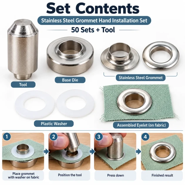 8 mm (0.31 in) Stainless Steel Eyelet Hand Punch and Setting Kit – 50 Sets + Tool KGS2IN1-05-PS050