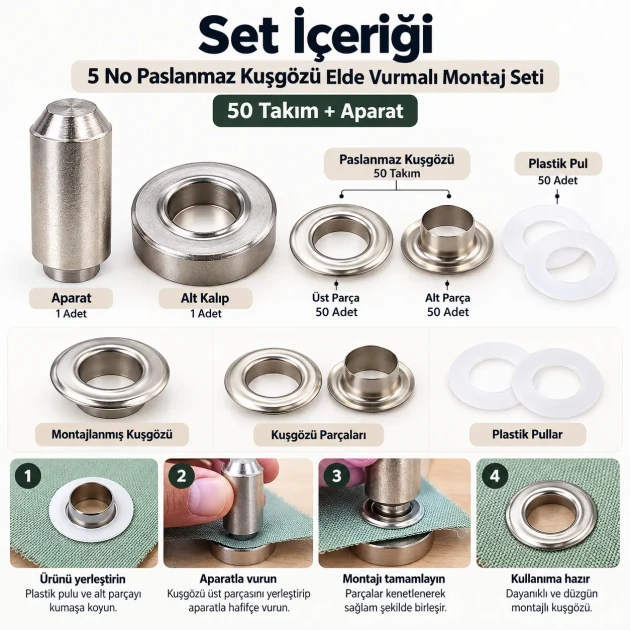 8 mm (0.31 in) Stainless Steel Eyelet Hand Punch and Setting Kit – 50 Sets + Tool KGS2IN1-05-PS050