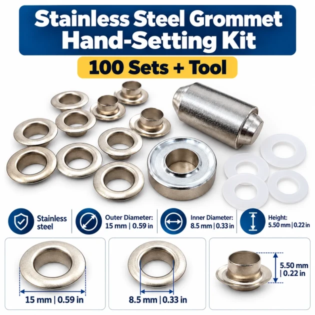 8 mm (0.31 in) Stainless Steel Eyelet Hand Punch and Setting Kit – 100 Sets + Tool KGS2IN1-05-PS100
