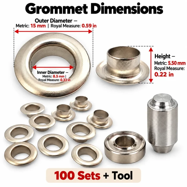 8 mm (0.31 in) Stainless Steel Eyelet Hand Punch and Setting Kit – 100 Sets + Tool KGS2IN1-05-PS100