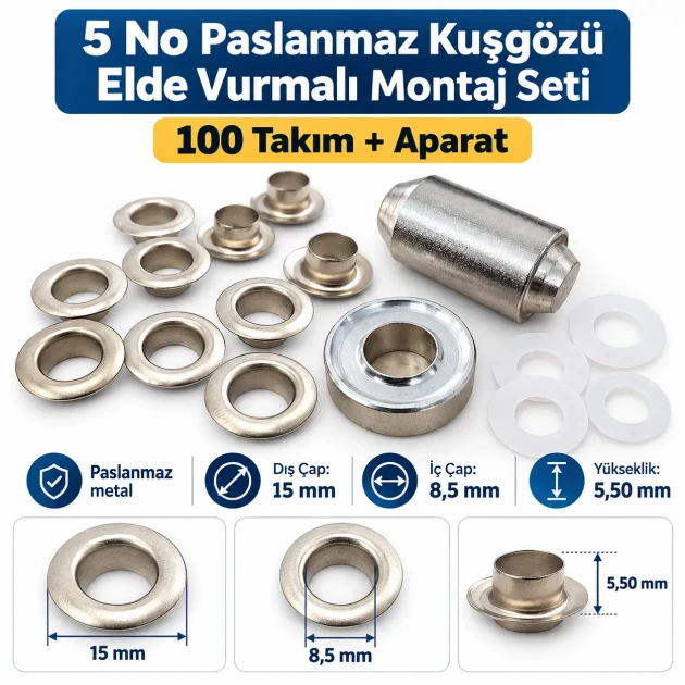 8 mm (0.31 in) Stainless Steel Eyelet Hand Punch and Setting Kit – 100 Sets + Tool KGS2IN1-05-PS100
