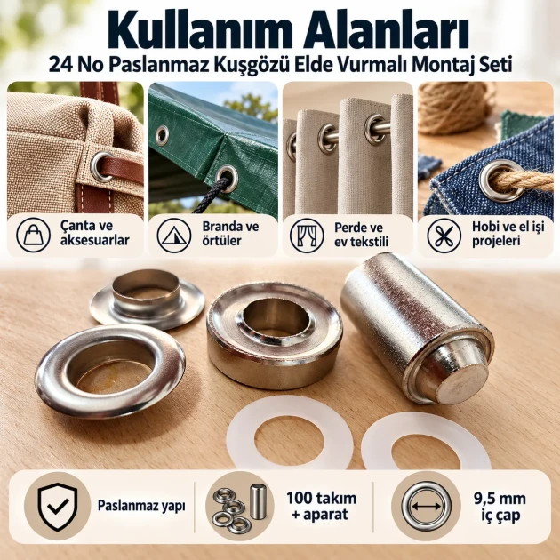 9.5 mm (0.37 in) Stainless Steel Eyelet Hand Punch and Setting Kit – 100 Sets + Tool KGS2IN1-24-PS100