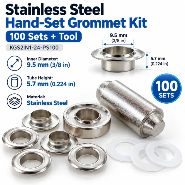 9.5 mm (0.37 in) Stainless Steel Eyelet Hand Punch and Setting Kit – 100 Sets + Tool KGS2IN1-24-PS100
