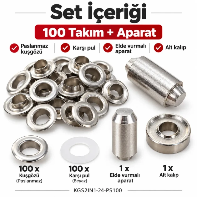 9.5 mm (0.37 in) Stainless Steel Eyelet Hand Punch and Setting Kit – 100 Sets + Tool KGS2IN1-24-PS100