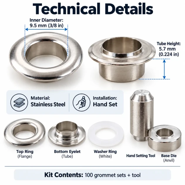 9.5 mm (0.37 in) Stainless Steel Eyelet Hand Punch and Setting Kit – 100 Sets + Tool KGS2IN1-24-PS100