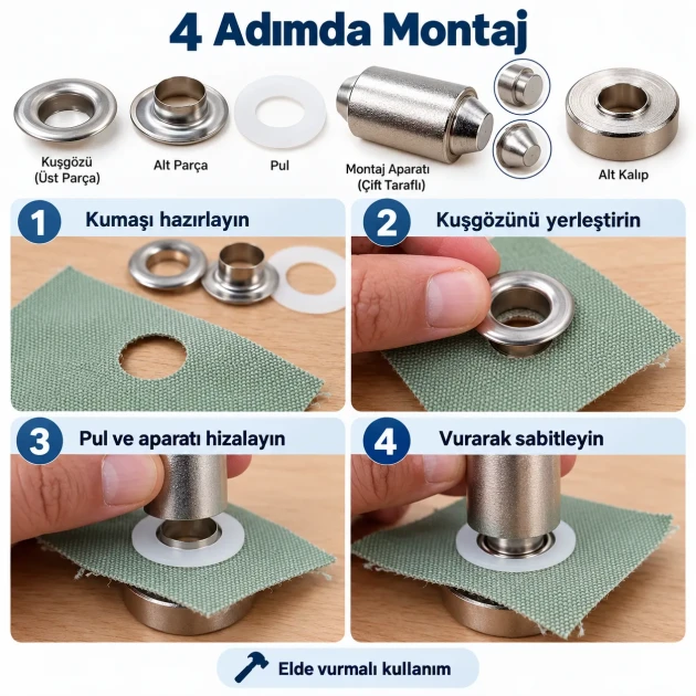 9.5 mm (0.37 in) Stainless Steel Eyelet Hand Punch and Setting Kit – 100 Sets + Tool KGS2IN1-24-PS100