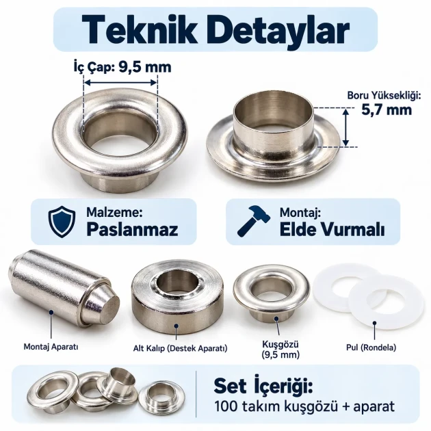 9.5 mm (0.37 in) Stainless Steel Eyelet Hand Punch and Setting Kit – 100 Sets + Tool KGS2IN1-24-PS100