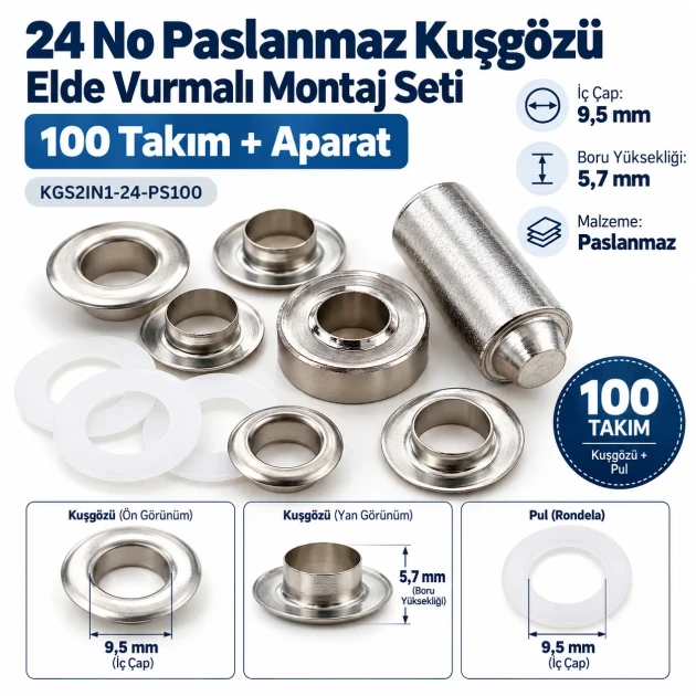 9.5 mm (0.37 in) Stainless Steel Eyelet Hand Punch and Setting Kit – 100 Sets + Tool KGS2IN1-24-PS100