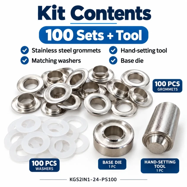 9.5 mm (0.37 in) Stainless Steel Eyelet Hand Punch and Setting Kit – 100 Sets + Tool KGS2IN1-24-PS100