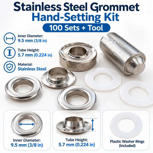 9.5 mm (0.37 in) Stainless Steel Eyelet Hand Punch and Setting Kit – 100 Sets + Tool KGS2IN1-24-PS100