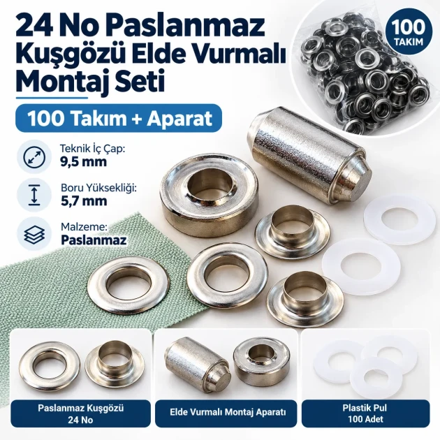 9.5 mm (0.37 in) Stainless Steel Eyelet Hand Punch and Setting Kit – 100 Sets + Tool KGS2IN1-24-PS100