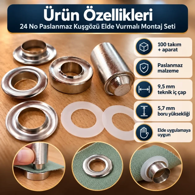 9.5 mm (0.37 in) Stainless Steel Eyelet Hand Punch and Setting Kit – 100 Sets + Tool KGS2IN1-24-PS100