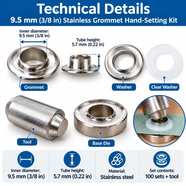 9.5 mm (0.37 in) Stainless Steel Eyelet Hand Punch and Setting Kit – 100 Sets + Tool KGS2IN1-24-PS100