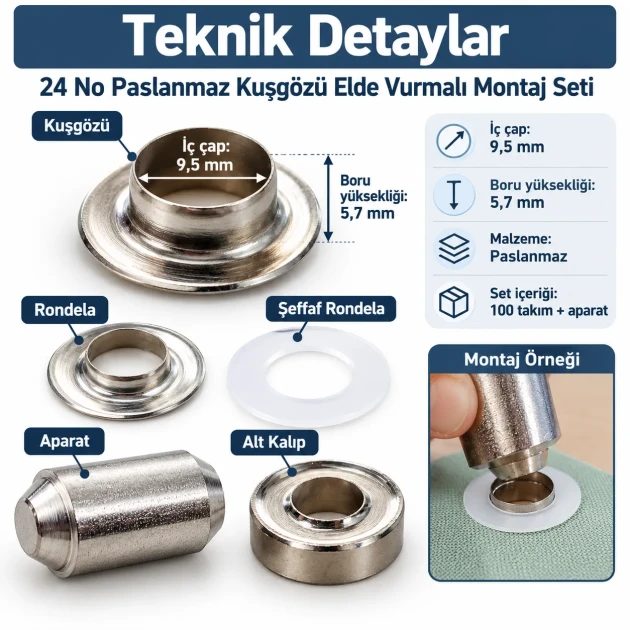9.5 mm (0.37 in) Stainless Steel Eyelet Hand Punch and Setting Kit – 100 Sets + Tool KGS2IN1-24-PS100