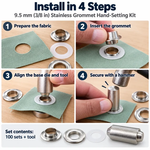 9.5 mm (0.37 in) Stainless Steel Eyelet Hand Punch and Setting Kit – 100 Sets + Tool KGS2IN1-24-PS100