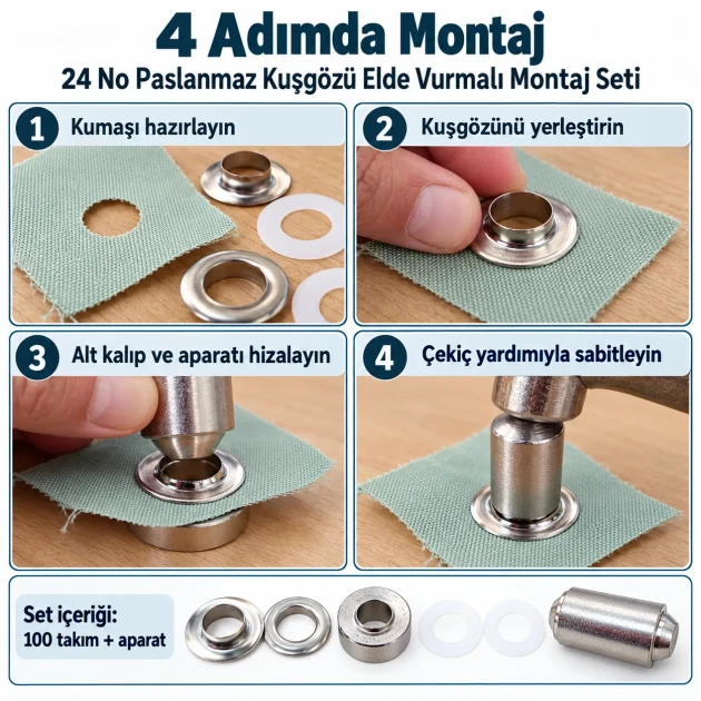 9.5 mm (0.37 in) Stainless Steel Eyelet Hand Punch and Setting Kit – 100 Sets + Tool KGS2IN1-24-PS100