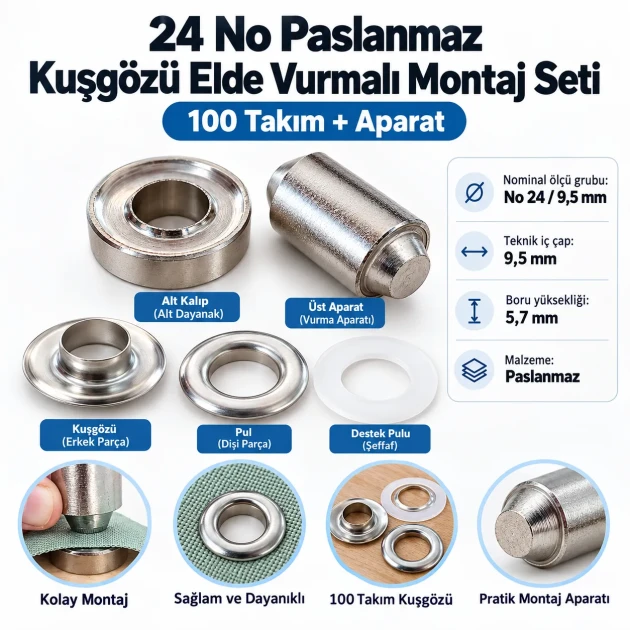 9.5 mm (0.37 in) Stainless Steel Eyelet Hand Punch and Setting Kit – 100 Sets + Tool KGS2IN1-24-PS100