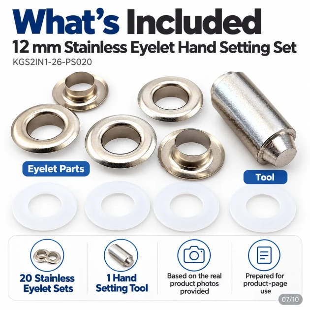 12 mm (0.47 in) Stainless Steel Eyelet Hand Punch and Setting Kit – 20 Sets + Tool KGS2IN1-26-PS020