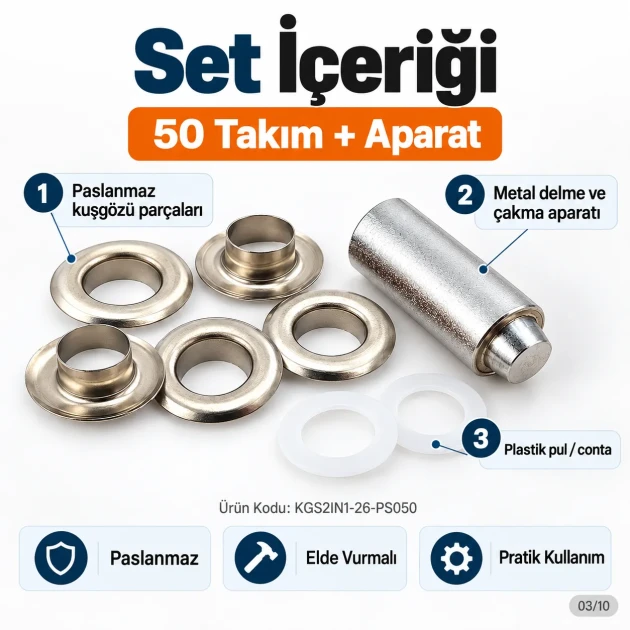 12 mm (0.47 in) Stainless Steel Eyelet Hand Punch and Setting Kit – 50 Sets + Tool KGS2IN1-26-PS050