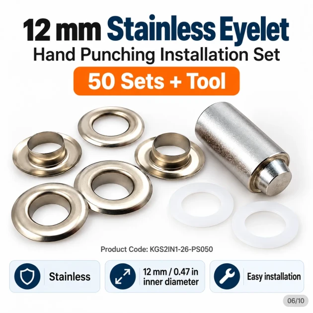 12 mm (0.47 in) Stainless Steel Eyelet Hand Punch and Setting Kit – 50 Sets + Tool KGS2IN1-26-PS050