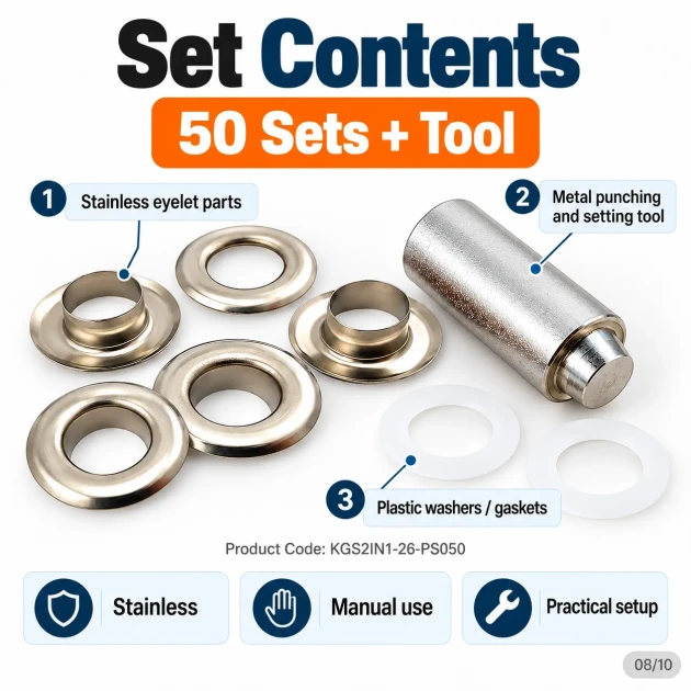 12 mm (0.47 in) Stainless Steel Eyelet Hand Punch and Setting Kit – 50 Sets + Tool KGS2IN1-26-PS050