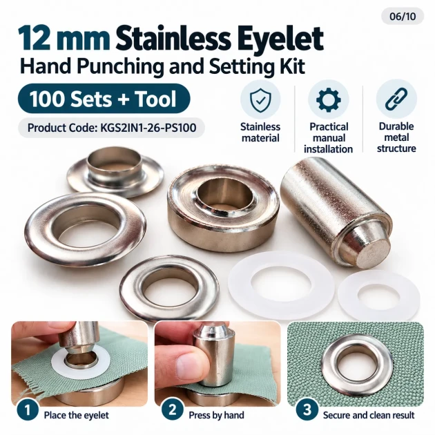 12 mm (0.47 in) Stainless Steel Eyelet Hand Punch and Setting Kit – 100 Sets + Tool KGS2IN1-26-PS100