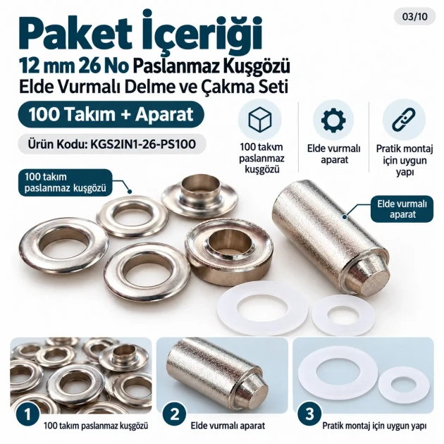 12 mm (0.47 in) Stainless Steel Eyelet Hand Punch and Setting Kit – 100 Sets + Tool KGS2IN1-26-PS100
