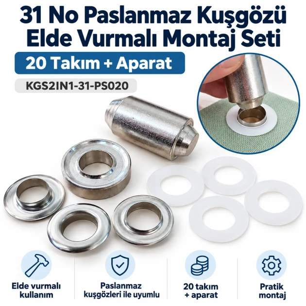 31 No Paslanmaz Kuşgözü Elde Vurmalı Delme ve Çakma Seti – 20 Takım + Aparat KGS2IN1-31-PS020