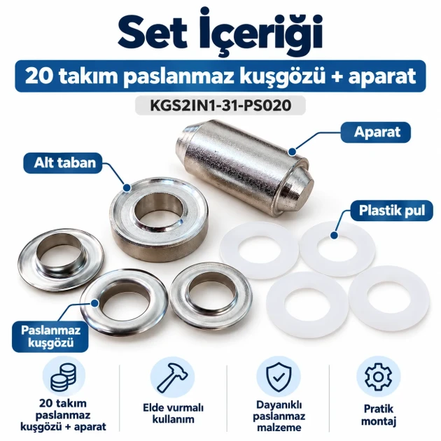31 No Paslanmaz Kuşgözü Elde Vurmalı Delme ve Çakma Seti – 20 Takım + Aparat KGS2IN1-31-PS020