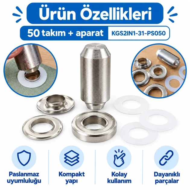 31 No Paslanmaz Kuşgözü Elde Vurmalı Delme ve Çakma Seti – 50 Takım + Aparat KGS2IN1-31-PS050