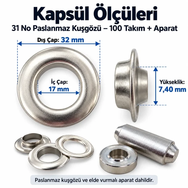 31 No Paslanmaz Kuşgözü Elde Vurmalı Delme ve Çakma Seti – 100 Takım + Aparat KGS2IN1-31-PS100