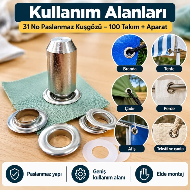 31 No Paslanmaz Kuşgözü Elde Vurmalı Delme ve Çakma Seti – 100 Takım + Aparat KGS2IN1-31-PS100