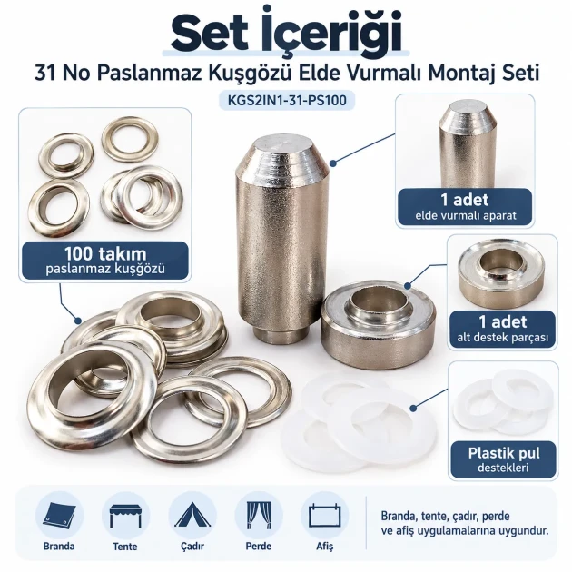 31 No Paslanmaz Kuşgözü Elde Vurmalı Delme ve Çakma Seti – 100 Takım + Aparat KGS2IN1-31-PS100