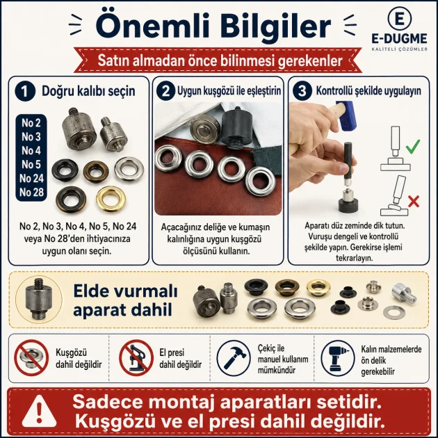 Eyelet Installation Die Set – 6 Sizes with Hand Setting Tool KLP002-028SET