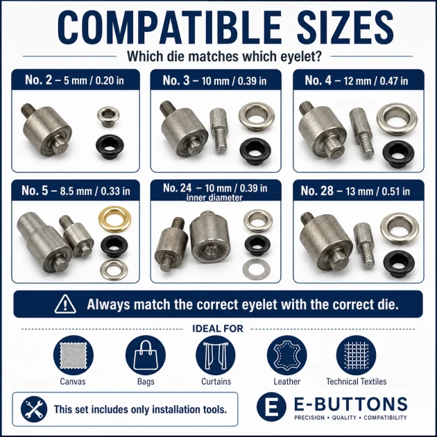 Eyelet Installation Die Set – 6 Sizes with Hand Setting Tool KLP002-028SET