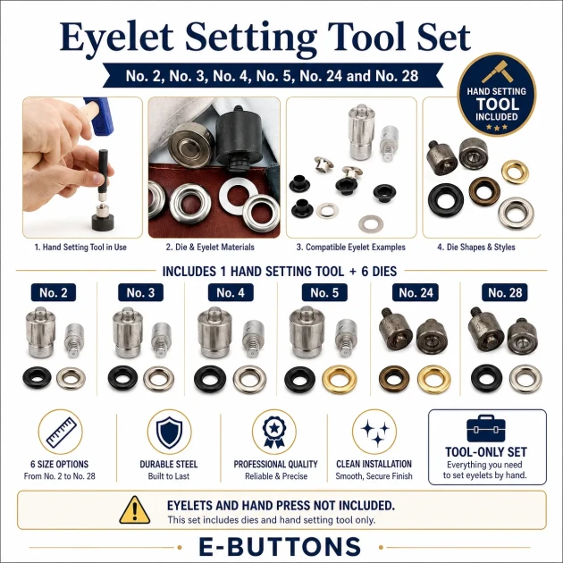 Eyelet Installation Die Set – 6 Sizes with Hand Setting Tool KLP002-028SET