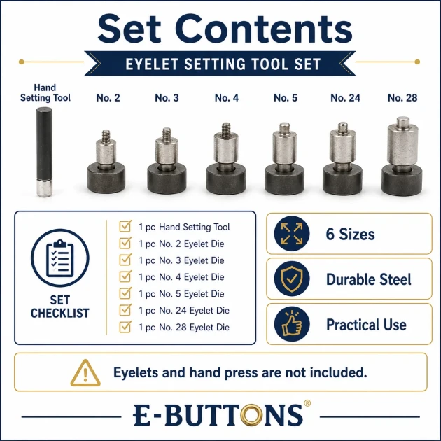 Eyelet Installation Die Set – 6 Sizes with Hand Setting Tool KLP002-028SET