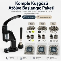 Complete Eyelet Workshop Starter Kit – Hand Press, Punching Dies, Setting Dies and Eyelets Included KOMPLE-ATOLYE-KUSGOZU-SET12