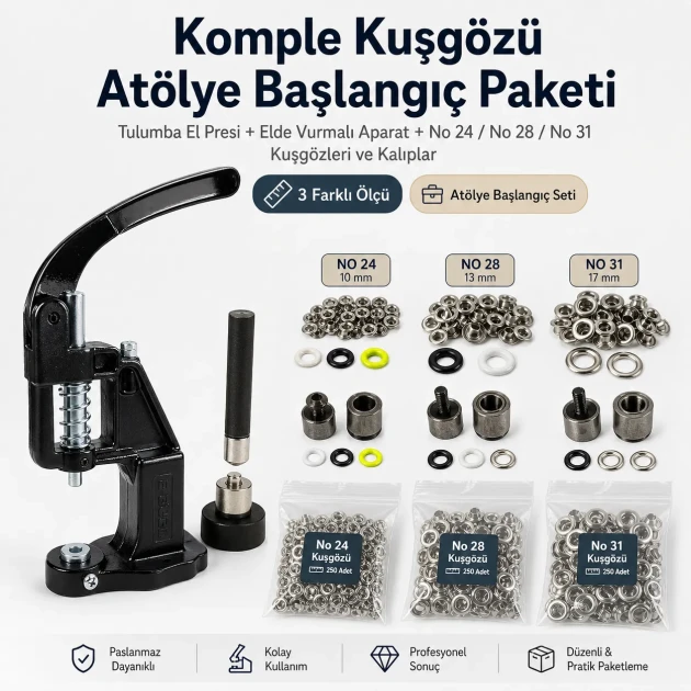 Complete Eyelet Workshop Starter Kit – Hand Press with 10 mm, 13 mm and 17 mm Eyelets KOMPLE-ATOLYE-KUSGOZU-SET12