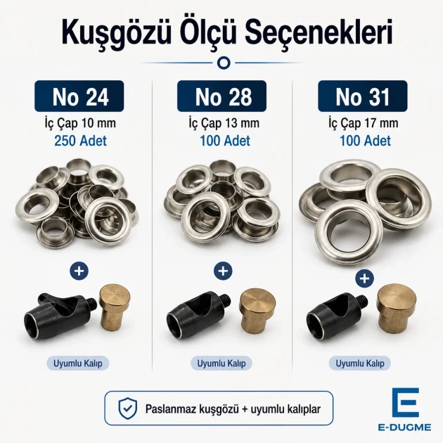 Complete Eyelet Workshop Starter Kit – Hand Press with 10 mm, 13 mm and 17 mm Eyelets KOMPLE-ATOLYE-KUSGOZU-SET12