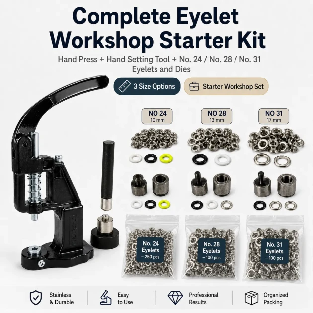 Complete Eyelet Workshop Starter Kit – Hand Press with 10 mm, 13 mm and 17 mm Eyelets KOMPLE-ATOLYE-KUSGOZU-SET12