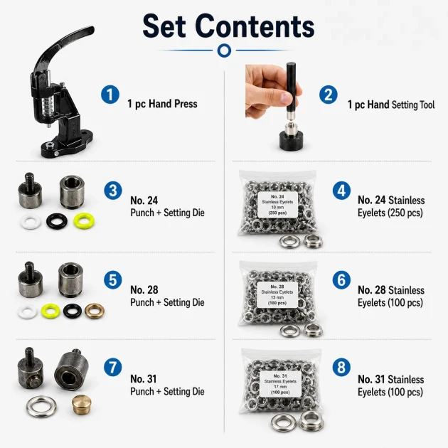 Complete Eyelet Workshop Starter Kit – Hand Press with 10 mm, 13 mm and 17 mm Eyelets KOMPLE-ATOLYE-KUSGOZU-SET12