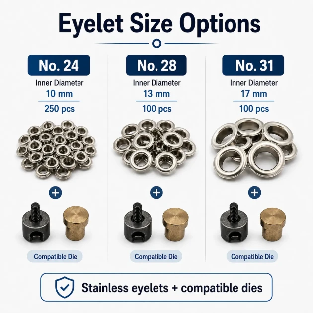 Complete Eyelet Workshop Starter Kit – Hand Press with 10 mm, 13 mm and 17 mm Eyelets KOMPLE-ATOLYE-KUSGOZU-SET12