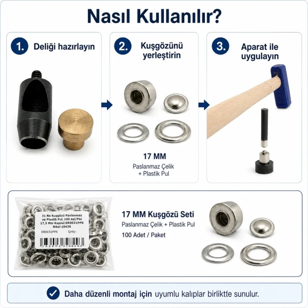 Profesyonel 17 mm Kuşgözü Seti – Delme Kalıbı, Çakma Kalıbı ve Elde Aparat Dahil KUSGOZU-17MM-SET04