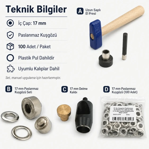Profesyonel 17 mm Kuşgözü Seti – Delme Kalıbı, Çakma Kalıbı ve Elde Aparat Dahil KUSGOZU-17MM-SET04