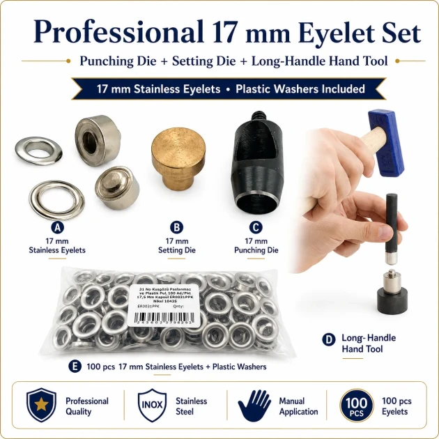 Profesyonel 17 mm Kuşgözü Seti – Delme Kalıbı, Çakma Kalıbı ve Elde Aparat Dahil KUSGOZU-17MM-SET04