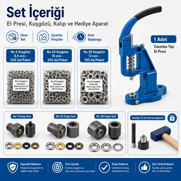 Large Eyelet Installation Set with Manual Hand Press, Eyelets and Dies – KUSGOZUSET01
